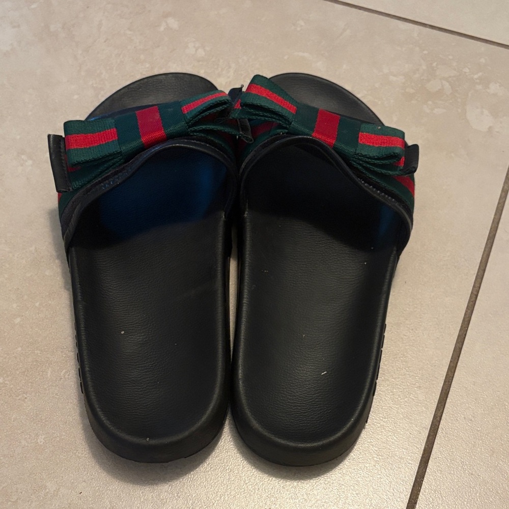 Black Slide Sandals with Green and Red Striped Strap - Picture 3 of 7
